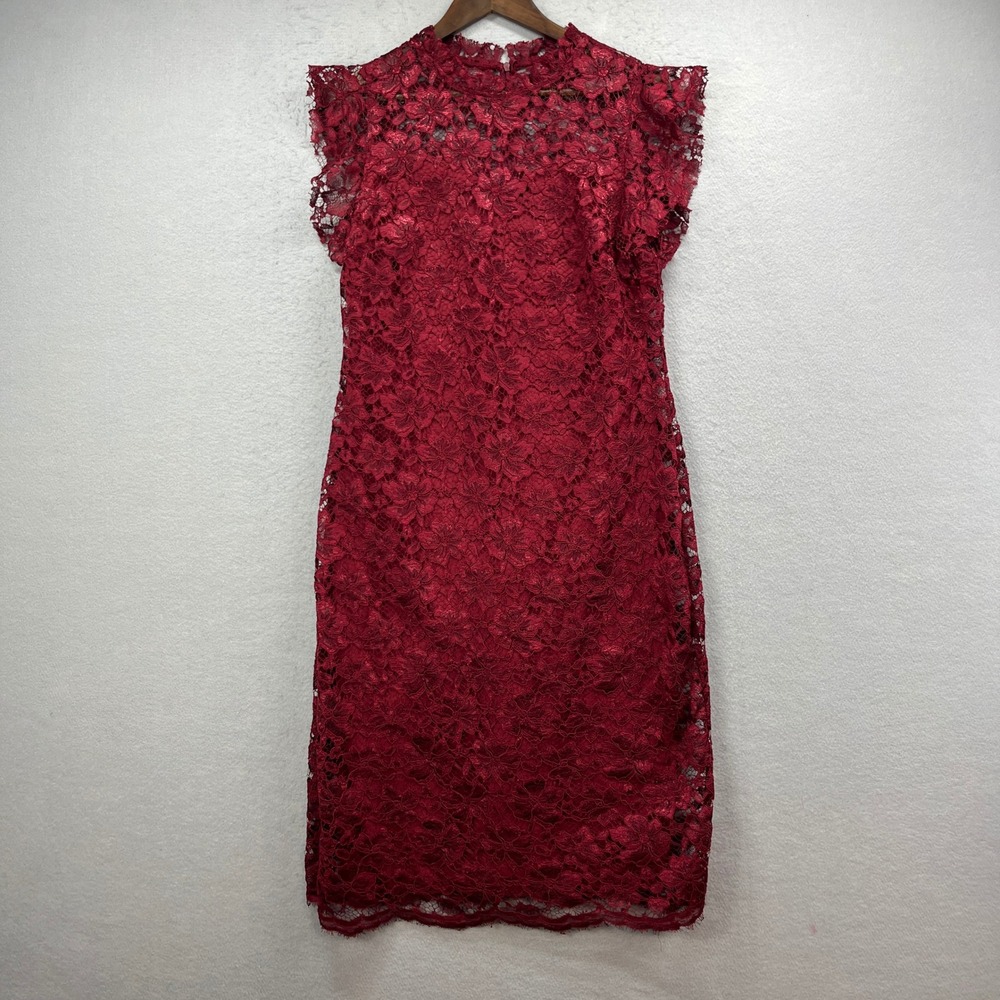 En Focus Studio Dress Womens 14 Berry Floral Lace Lined Romantic Cocktail Sheath